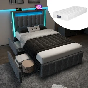 Eenpersoonsbed 90×200 cm met LED, 2 lades, USB Type C en verstelbaar hoofdeinde, grijs linnen (209x99x104 cm) Eenpersoonsbed 90×200 cm met LED, 2 lades, USB Type C en verstelbaar hoofdeinde, grijs linnen (209x99x104 cm)