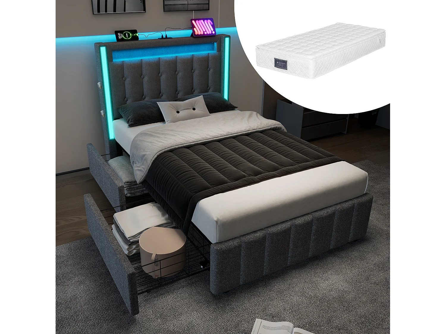 Eenpersoonsbed 90x200 cm met LED, 2 lades, USB Type C en verstelbaar hoofdeinde, grijs linnen (209x99x104 cm)