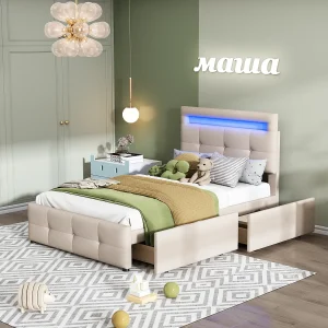 Eenpersoonsbed 90x200cm met LED, 2 lades, beige linnen bekleding, lattenbodem, kinder- en juniorbed (210x99x106cm) Eenpersoonsbed 90x200cm met LED, 2 lades, beige linnen bekleding, lattenbodem, kinder- en juniorbed (210x99x106cm)