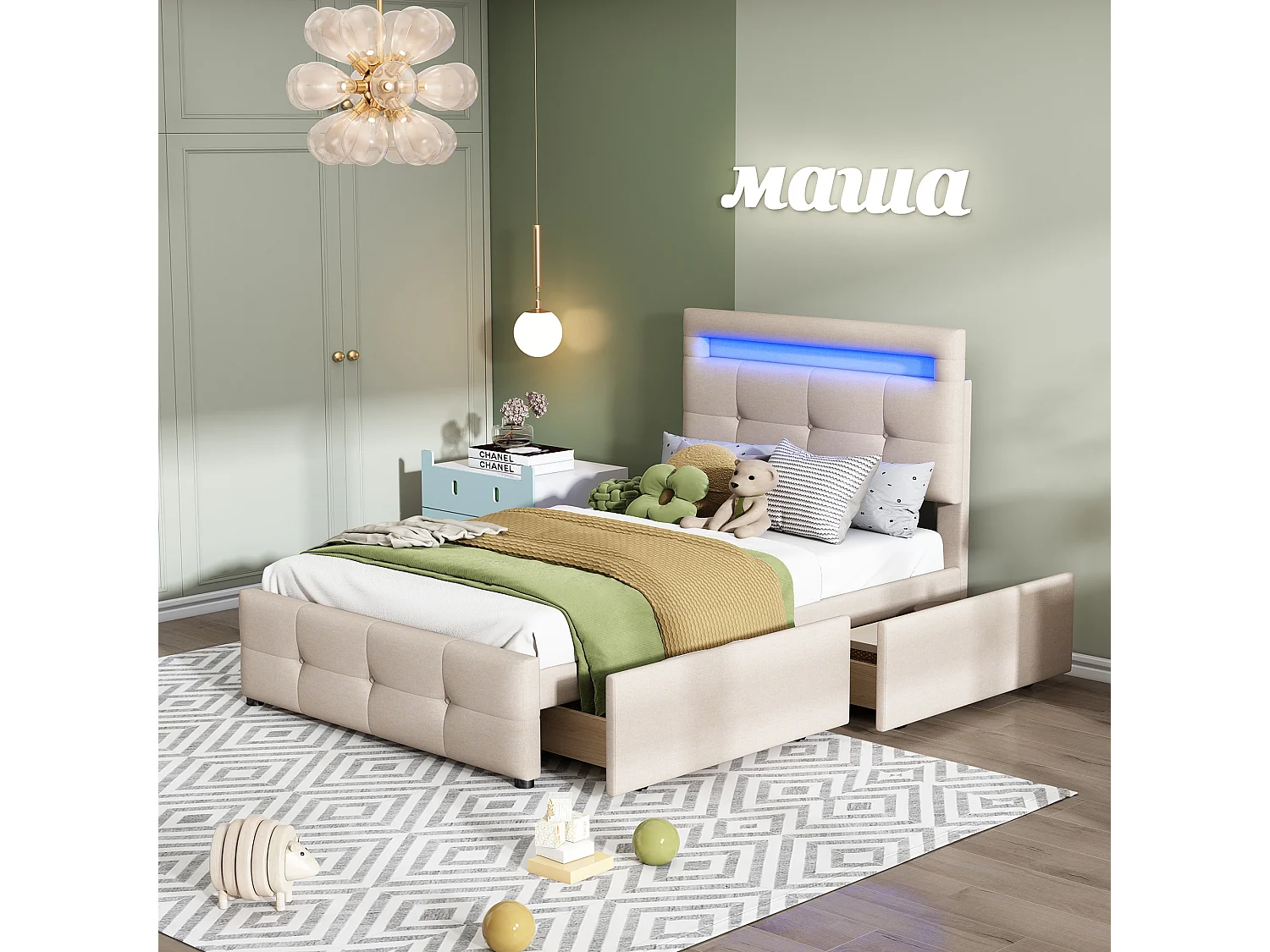 Eenpersoonsbed 90x200cm met LED, 2 lades, beige linnen bekleding, lattenbodem, kinder- en juniorbed (210x99x106cm)