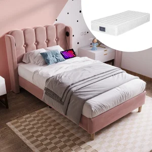 Eenpersoonsbed met USB Type C-oplaadfunctie, roze fluwelen frame, houten onderstel, 90x200cm Eenpersoonsbed met USB Type C-oplaadfunctie, roze fluwelen frame, houten onderstel, 90x200cm