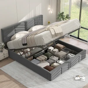 Fluwelen bed met verstelbaar hoofdeinde, tweepersoonsbed, hydraulisch functioneel bed, gestreepte stijl, 140×200 cm, grijs Fluwelen bed met verstelbaar hoofdeinde, tweepersoonsbed, hydraulisch functioneel bed, gestreepte stijl, 140×200 cm, grijs