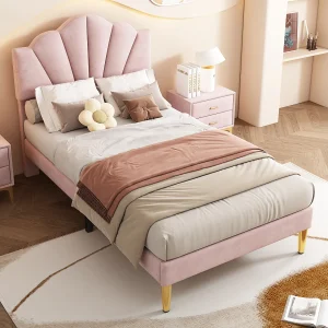 Fluwelen bed, 90×200 cm, schelpdesign met gouden ijzeren poten, verstelbaar hoofdeinde, houten lattenbodem, roze Fluwelen bed, 90×200 cm, schelpdesign met gouden ijzeren poten, verstelbaar hoofdeinde, houten lattenbodem, roze
