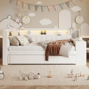 Gekussen bed met LED-verlichting, 90x200cm, wit. Gekussen bed met LED-verlichting, 90x200cm, wit.