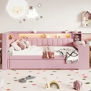 Gekussen bed met LED-verlichting, 90x200cm, roze. Gekussen bed met LED-verlichting, 90x200cm, roze.