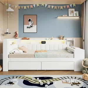 Gekussen bed met LED-verlichting, 90x200cm, wit. Gekussen bed met LED-verlichting, 90x200cm, wit.
