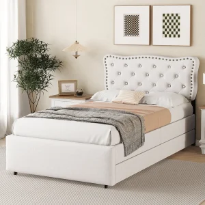 Eenpersoonsbed voor volwassenen 90×200 cm van lichtbeige linnen, met 2 lades, capitonné hoofdbord, zonder matras Eenpersoonsbed voor volwassenen 90×200 cm van lichtbeige linnen, met 2 lades, capitonné hoofdbord, zonder matras