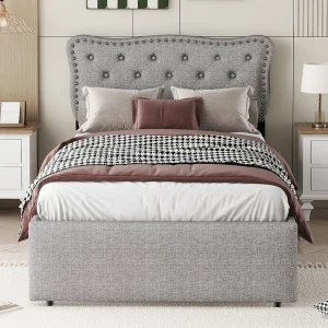 Eenpersoonsbed 90×200 cm – gestoffeerd bed met 2 lades – grijs (zonder matras) Eenpersoonsbed 90×200 cm – gestoffeerd bed met 2 lades – grijs (zonder matras)