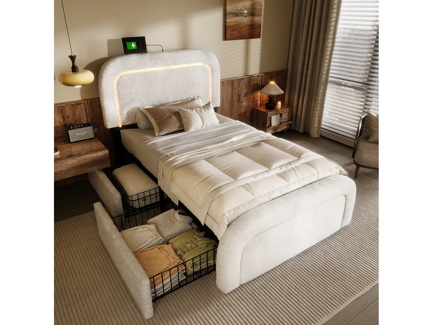 Eenpersoonsbed 90x200 cm met USB Type-C, LED-verlichting, 2 laden, verstelbare hoofdbord, in wit sherpa (zonder matras)