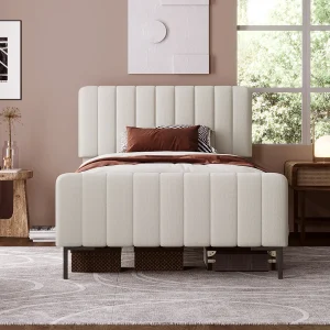Eenpersoonsbed 90×200 cm met lattenbodem en verstelbaar hoofdbord – linnen frame (zonder matras)