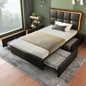 Eenpersoonsbed 90×200 cm met 4 lades – met LED en verstelbare hoofdbord – Zwart (zonder matras)