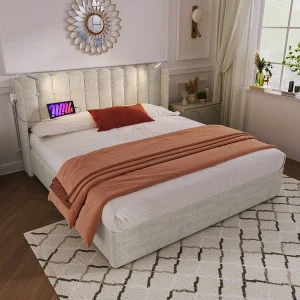 Dubbel opbergbed 160×200 cm van natuurlijk linnen – Verlicht hoofdbord met USB-oplader (zonder matras) Dubbel opbergbed 160×200 cm van natuurlijk linnen – Verlicht hoofdbord met USB-oplader (zonder matras)