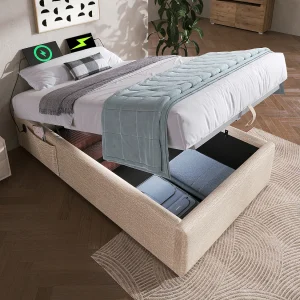 Eénpersoons opbergbed 90×190 cm met USB-C, natuurlijk beige linnen (zonder matras) Eénpersoons opbergbed 90×190 cm met USB-C, natuurlijk beige linnen (zonder matras)