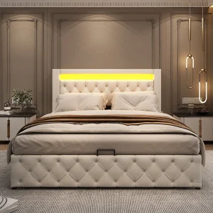 Functioneel tweepersoonsbed 160×200 met LED-verlichting en geïntegreerde opbergruimte, wit, zonder matras Functioneel tweepersoonsbed 160×200 met LED-verlichting en geïntegreerde opbergruimte, wit, zonder matras