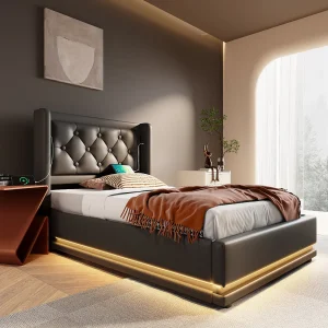 Eenpersoonsbed met opbergruimte 90×200 cm met USB Type-C oplaadfunctie en LED, zwart PU (zonder matras)