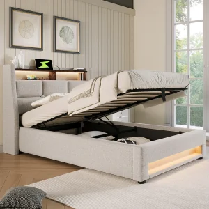 Enkelbed met opbergruimte 90×200 cm met USB en LED-verlichting, metalen frame en beige linnen (zonder matras)
