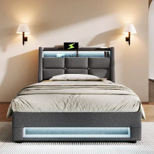 Eénpersoons opbergbed 90×200 cm met USB en LED-verlichting, metalen en linnen frame (zonder matras) Eénpersoons opbergbed 90×200 cm met USB en LED-verlichting, metalen en linnen frame (zonder matras)