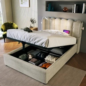 Enkelbed met opbergruimte 90×200 cm met LED en USB, naturel beige linnen (zonder matras)