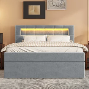 Eenpersoons opbergbed 90×200 cm in grijze fluweel – Bed met sfeerverlichting, verstelbaar hoofdeinde (zonder matras) Eenpersoons opbergbed 90×200 cm in grijze fluweel – Bed met sfeerverlichting, verstelbaar hoofdeinde (zonder matras)