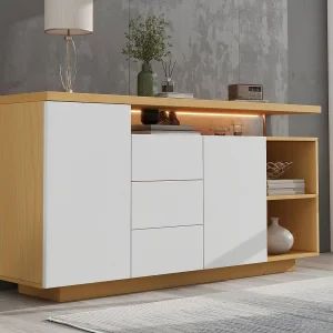 Dressoir met LED-verlichting – 2 deuren, 3 laden, 2 nissen – Naturel & Wit Dressoir met LED-verlichting – 2 deuren, 3 laden, 2 nissen – Naturel & Wit