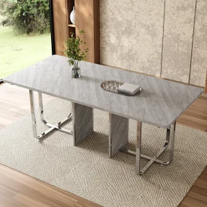 Eettafel, L180 x B80 x H75 cm, modern, met metalen poten, grote rechthoekige tafel voor 6 personen, grijs en zilver Eettafel, L180 x B80 x H75 cm, modern, met metalen poten, grote rechthoekige tafel voor 6 personen, grijs en zilver