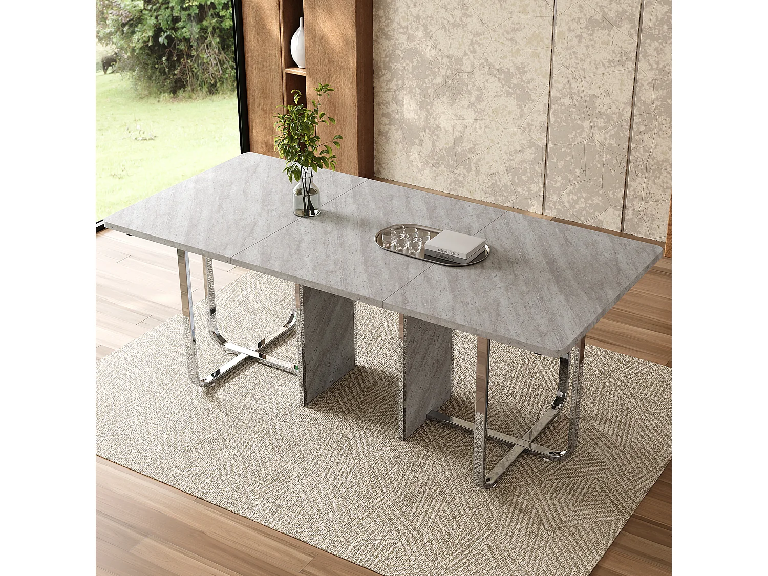 Eettafel, L180 x B80 x H75 cm, modern, met metalen poten, grote rechthoekige tafel voor 6 personen, grijs en zilver