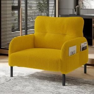 Gele rechte bank – Fauteuil met armleuningen en zijzakken – corduroy – voor woonkamer en slaapkamer Gele rechte bank – Fauteuil met armleuningen en zijzakken – corduroy – voor woonkamer en slaapkamer