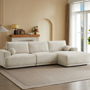Rechte hoek-zitbank in beige chenille stof EMABI van Maison Céphy