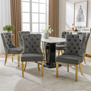 Eetkamerstoel met uniek design, fluwelen stof, goudkleurig roestvrij staal, grijs/goud, (50,5x45x95 cm) Eetkamerstoel met uniek design, fluwelen stof, goudkleurig roestvrij staal, grijs/goud, (50,5x45x95 cm)