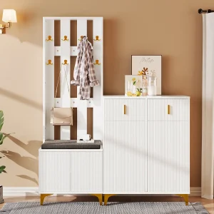 Gecombineerde kledingkast met schoenenbank en kussen, modern design, spaanplaat, wit, gouden haken (60,5×180,5×35,2 cm) Gecombineerde kledingkast met schoenenbank en kussen, modern design, spaanplaat, wit, gouden haken (60,5×180,5×35,2 cm)