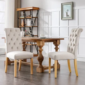 Eetkamerstoel van fluweel, set van 2, met eikenhouten poten, decoratieve knopen, metalen frame, beige (afmetingen: 63 x 43 x 100 cm)