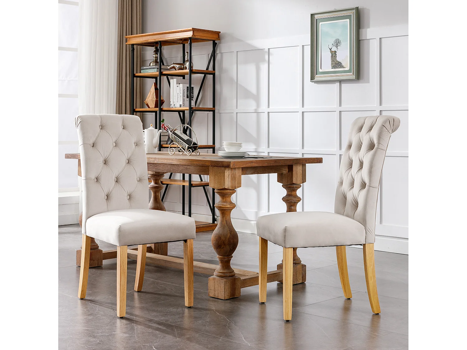 Eetkamerstoel van fluweel, set van 2, met eikenhouten poten, decoratieve knopen, metalen frame, beige (afmetingen: 63 x 43 x 100 cm)