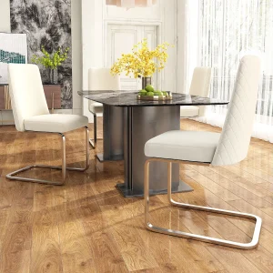 Fluwelen eetkamerstoelen, set van 4, rugleuning met ruitmotief, poten van zilverkleurig metaal, beige (63,5 x 63,5 x 47,6 cm)