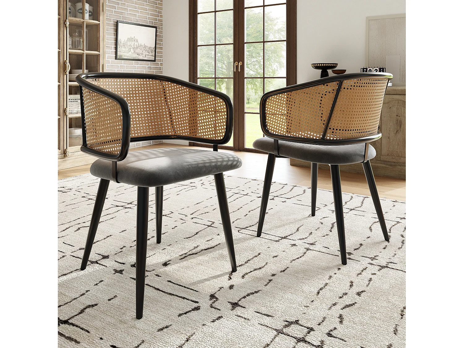 eetkamerstoelen, rotan rugleuning, fluwelen kussen, modern design, grijs (47x47x79 cm)