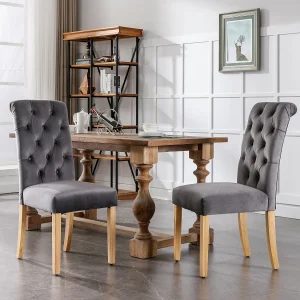 Eetkamerstoel van fluweel, set van 2, met eikenhouten poten, decoratieve knopen, metalen frame, beige (afmetingen: 63 x 43 x 100 cm)