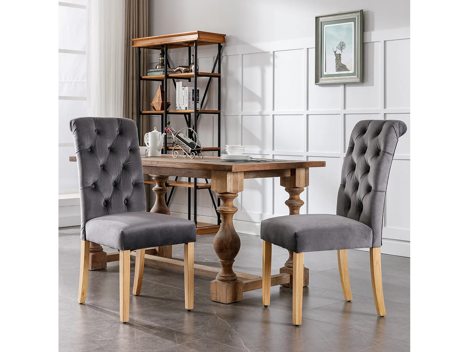 Eetkamerstoel van fluweel, set van 2, met eikenhouten poten, decoratieve knopen, metalen frame, beige (afmetingen: 63 x 43 x 100 cm)