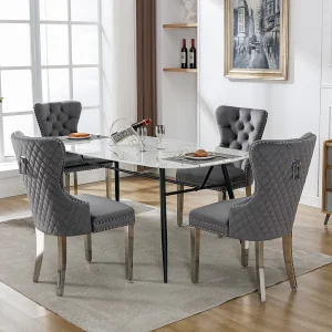 Eetkamerstoelen (set van 4), loungestoel met armleuningen, fluwelen stof, koperen studs, metalen poten, grijs (53×62,5×94,5 cm)
