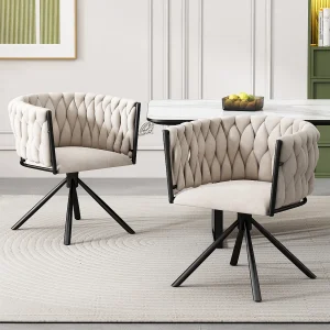 Fluwelen eetkamerstoel, 2-delig, draaibare fauteuil, modern design, metaal, beige (L 62 x B 60 x H 57 cm)
