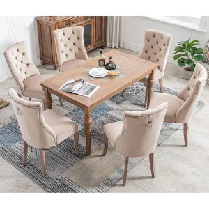 Eetkamerstoelenset van 4 stuks, fluwelen keuken- en woonkamerstoel, hoge rugleuning met knopen en massief houten onderstel, beige (53x61x91 cm)
