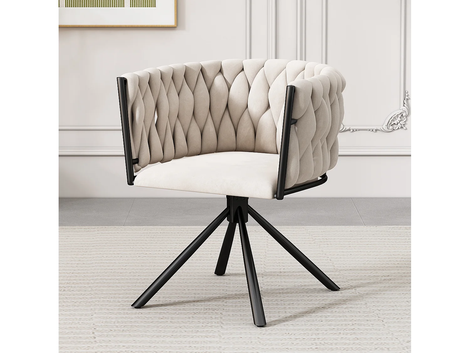 Eetkamerstoel van fluweel, luxe fauteuil, 360° draaibaar, metalen frame, beige (afmetingen niet gespecificeerd)