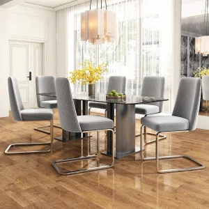 Fluwelen eetkamerstoelen, set van 6, luxe design, diamantvormige rugleuning, zilveren metalen poten, grijs (afmetingen niet van toepassing)