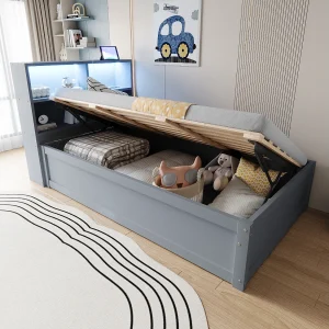 Eenpersoons slaapbank 90x200cm grijs met ledverlichting en stopcontacten (zonder matras)