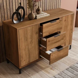 Dressoir 120x40x76cm met 3 lades en 2 deuren, in donker natuurlijk hout, zwarte metalen poten Dressoir 120x40x76cm met 3 lades en 2 deuren, in donker natuurlijk hout, zwarte metalen poten