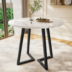 Eettafel – 80 x 80 x 75 cm – ronde metalen tafel met modern marmerpatroon – MDF – wit/goud Eettafel – 80 x 80 x 75 cm – ronde metalen tafel met modern marmerpatroon – MDF – wit/goud