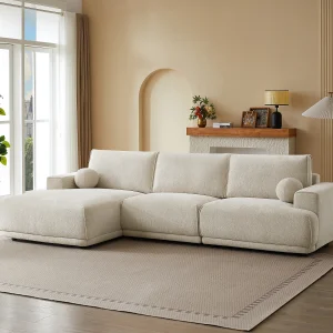 Linker hoekbank in beige chenille stof EMABI van Maison Céphy in chenille stof beige Linker hoekbank in beige chenille stof EMABI van Maison Céphy in chenille stof beige