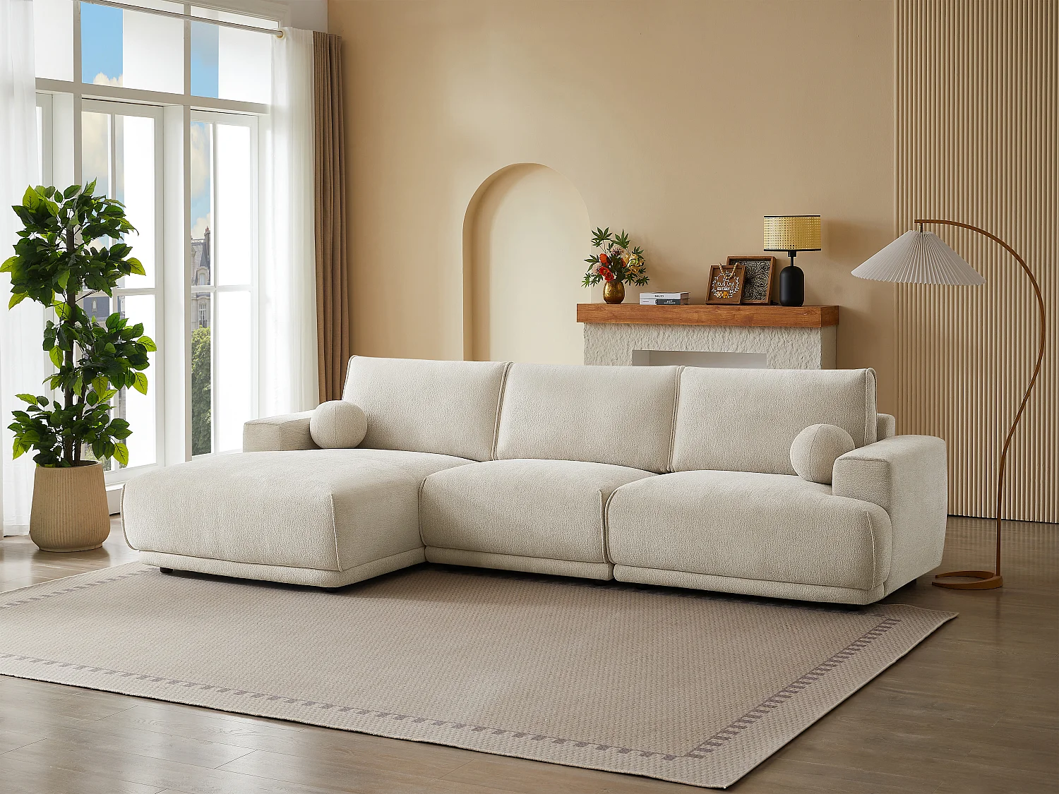 Linker hoekbank in beige chenille stof EMABI van Maison Céphy in chenille stof beige