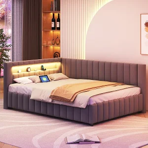 Gepolsterd bankbed in fluweel 140×200 cm, Slaapbank met LED, USB, rug- en hoofdeinde, Grijs Gepolsterd bankbed in fluweel 140×200 cm, Slaapbank met LED, USB, rug- en hoofdeinde, Grijs