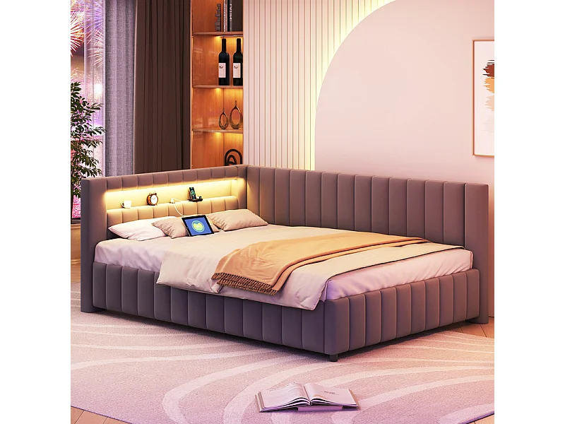 Gepolsterd bankbed in fluweel 140x200 cm, Slaapbank met LED, USB, rug- en hoofdeinde, Grijs