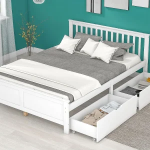 Eenpersoonsbed 140x200cm in massief hout met 2 laden – Wit