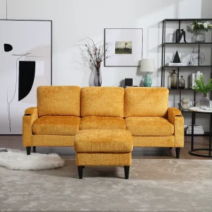 Gele Chenille 4-zits modulaire bank met opbergpoef, bekerhouders en zijzakken – voor de woonkamer Gele Chenille 4-zits modulaire bank met opbergpoef, bekerhouders en zijzakken – voor de woonkamer